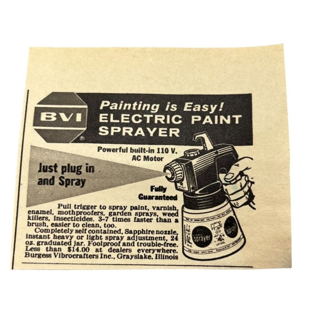 Vintage 1963 Print Ad BVI Paint Sprayer Burgess Vibrocrafters Grayslake IL